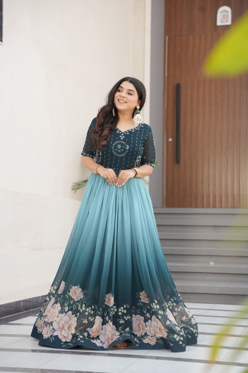 Floral Beaded Embroidered Faux Georgette Gown