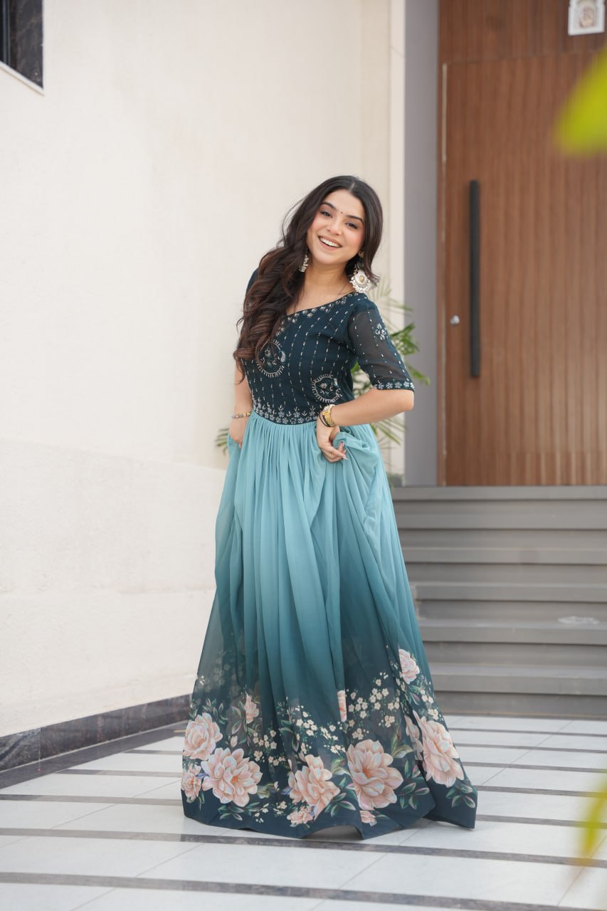 Floral Beaded Embroidered Faux Georgette Gown