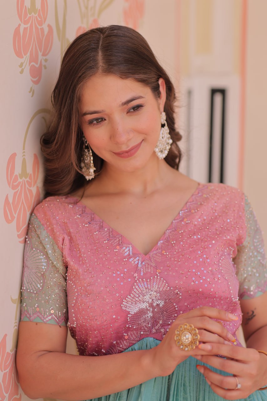 Stunning Gold Crush Bead Embroidered Fully Stitched Gown