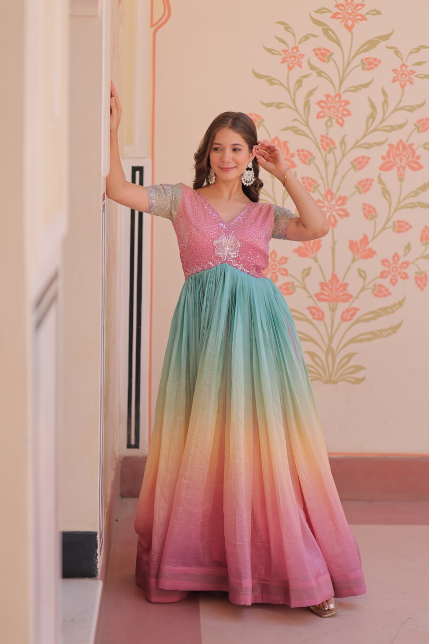 Stunning Gold Crush Bead Embroidered Fully Stitched Gown