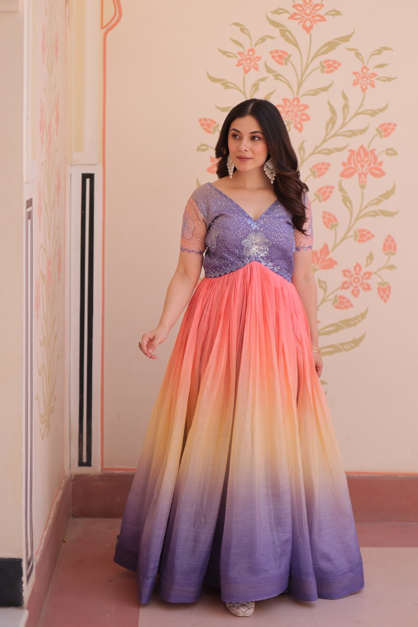 Stunning Gold Crush Bead Embroidered Fully Stitched Gown