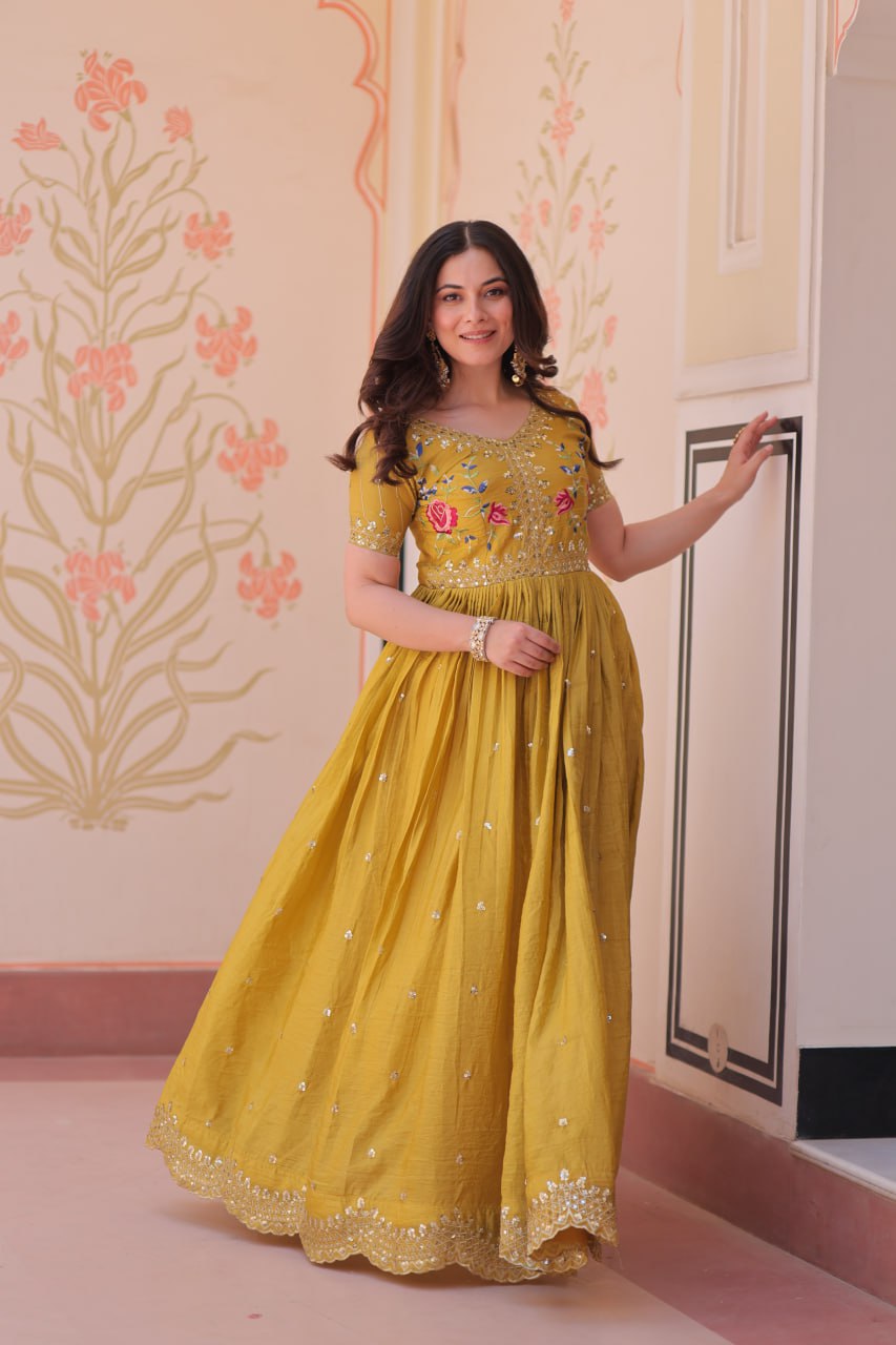 Gold Crush Embroidered Gown – Fully Stitched & Ready to Wear