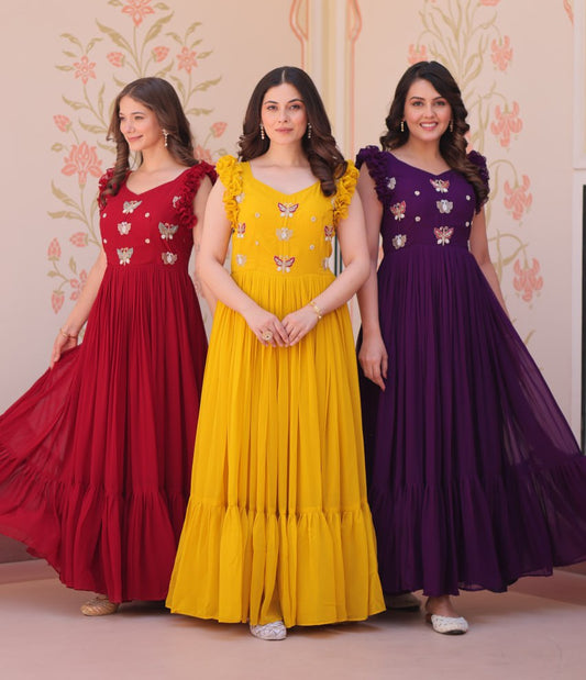 Designer Faux Georgette Frill Gown With Heavy Flair