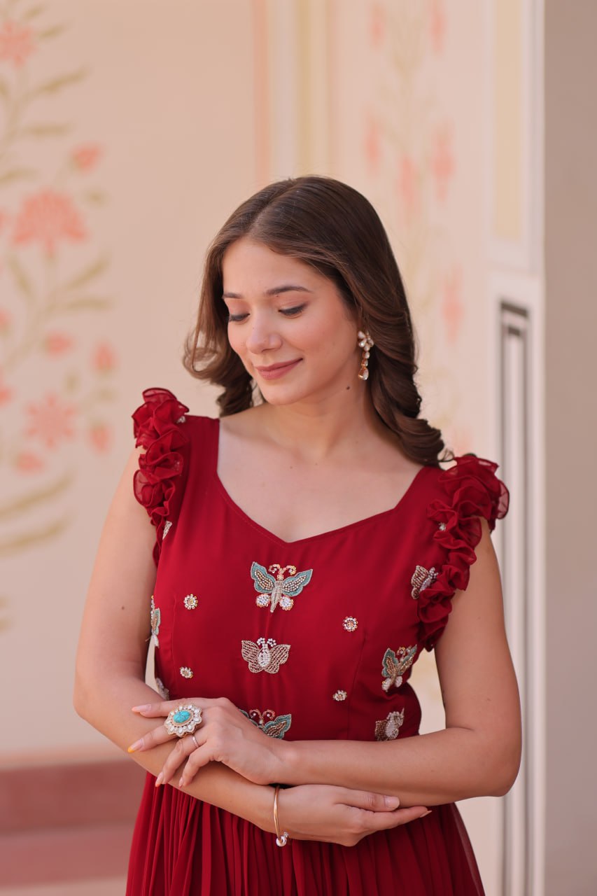 Designer Faux Georgette Frill Gown With Heavy Flair