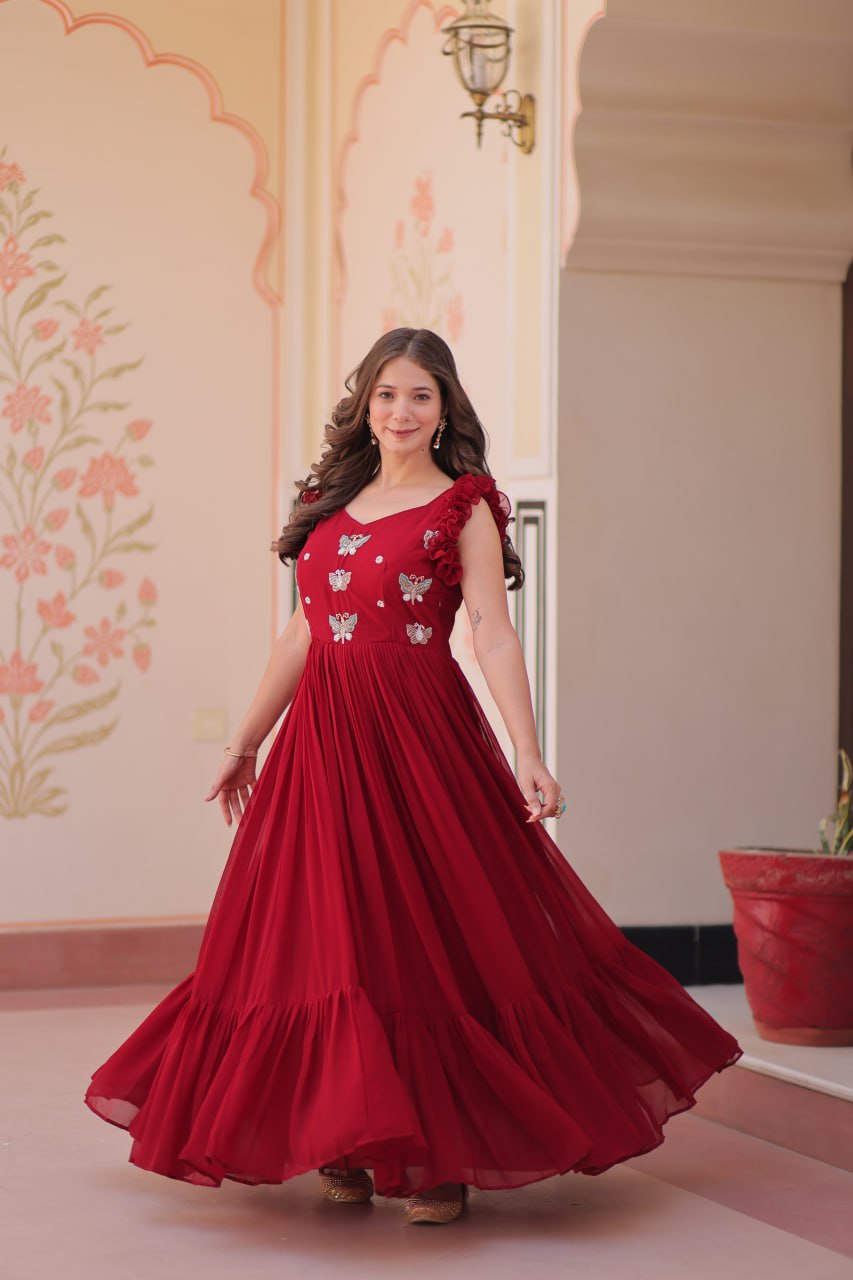 Designer Faux Georgette Frill Gown With Heavy Flair