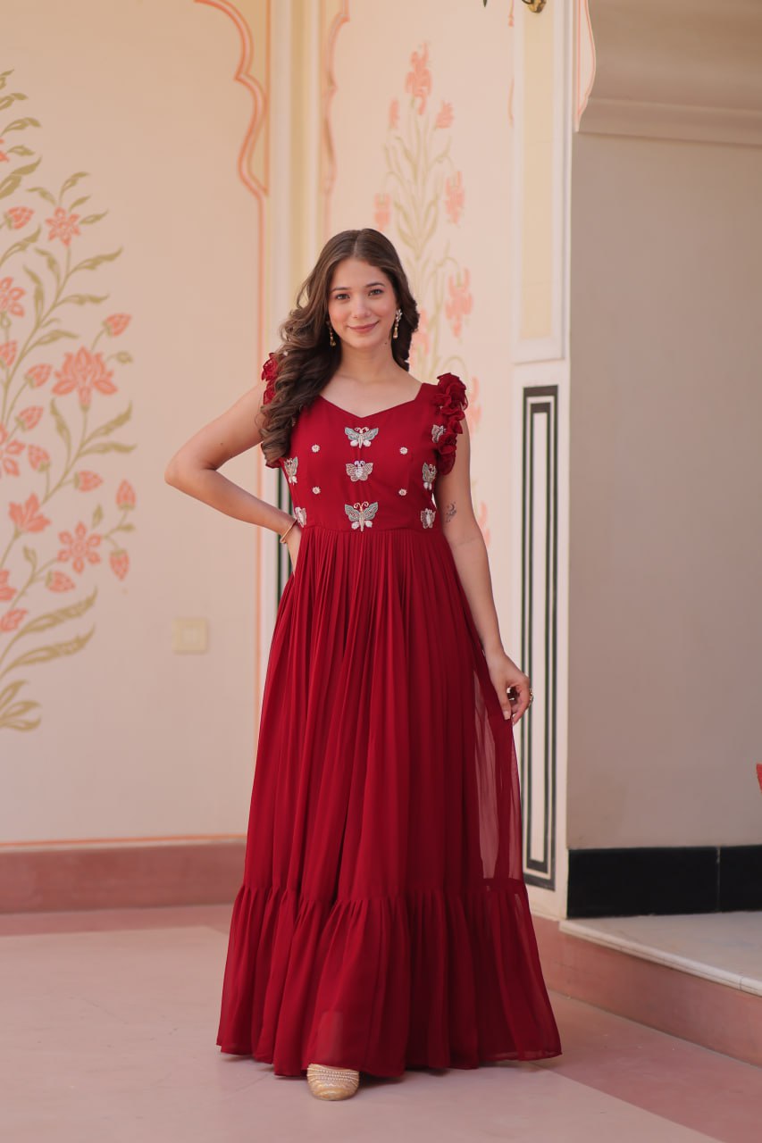 Designer Faux Georgette Frill Gown With Heavy Flair