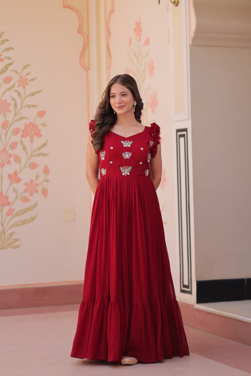 Designer Faux Georgette Frill Gown With Heavy Flair