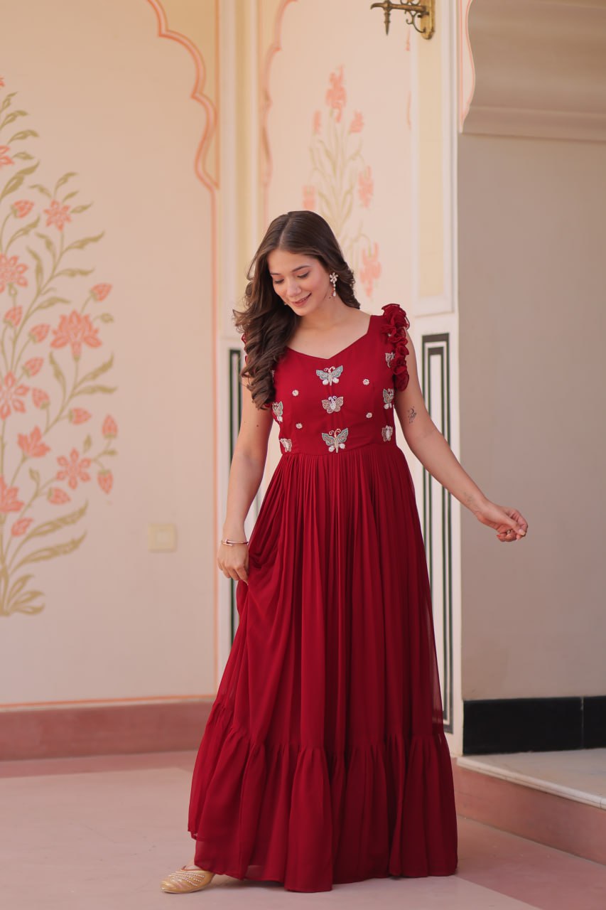 Designer Faux Georgette Frill Gown With Heavy Flair