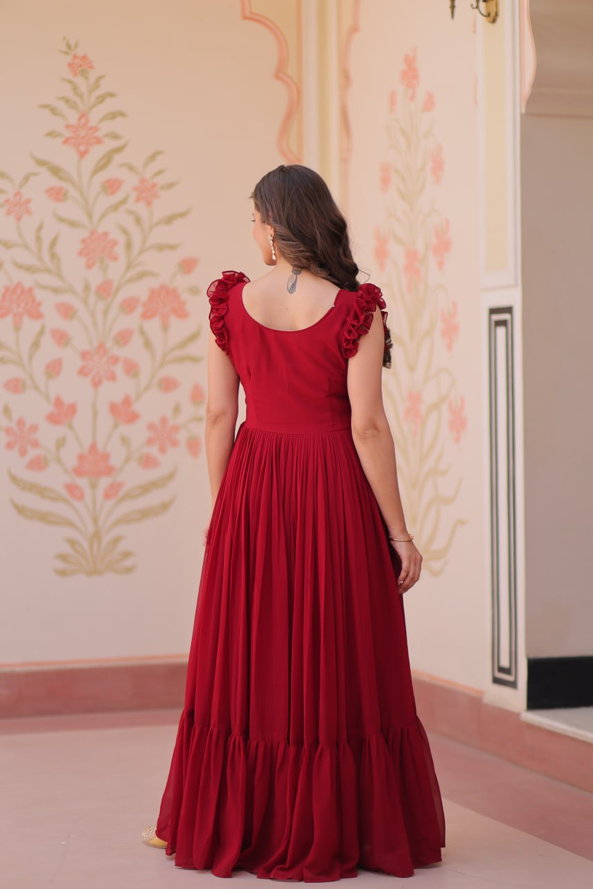 Designer Faux Georgette Frill Gown With Heavy Flair