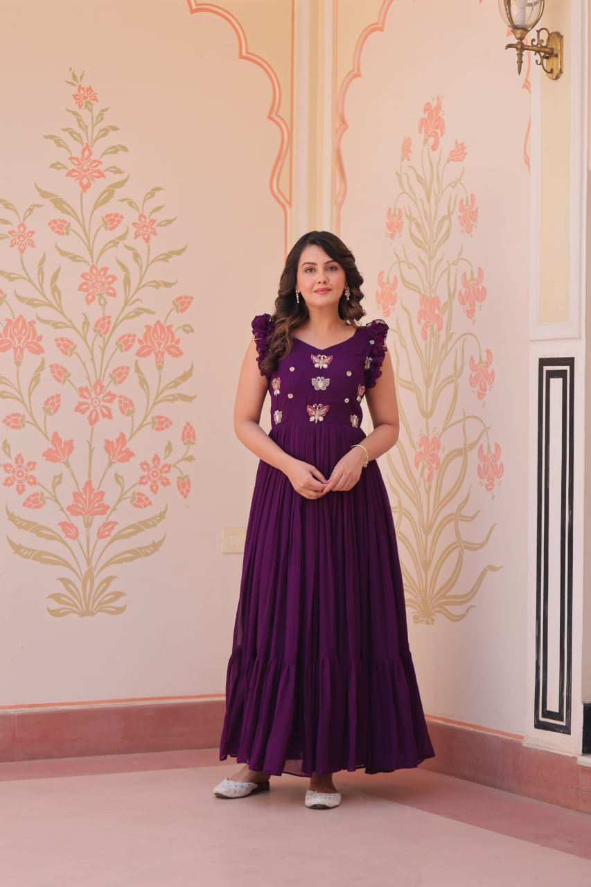 Designer Faux Georgette Frill Gown With Heavy Flair