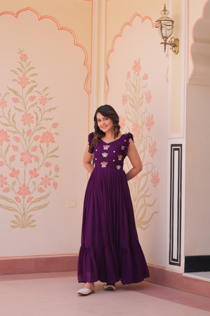 Designer Faux Georgette Frill Gown With Heavy Flair