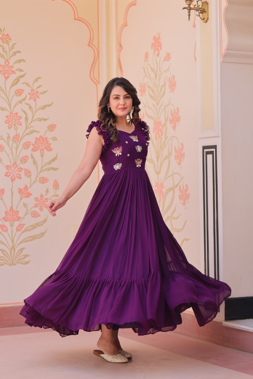 Designer Faux Georgette Frill Gown With Heavy Flair
