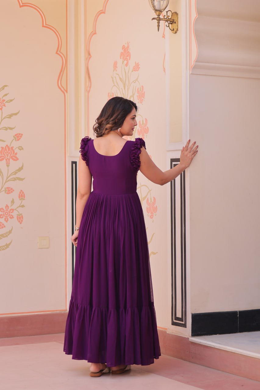 Designer Faux Georgette Frill Gown With Heavy Flair