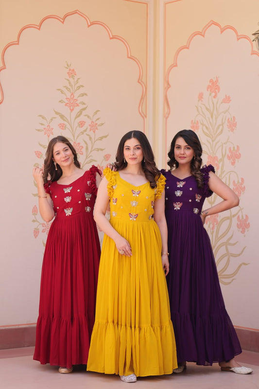 Designer Faux Georgette Frill Gown With Heavy Flair