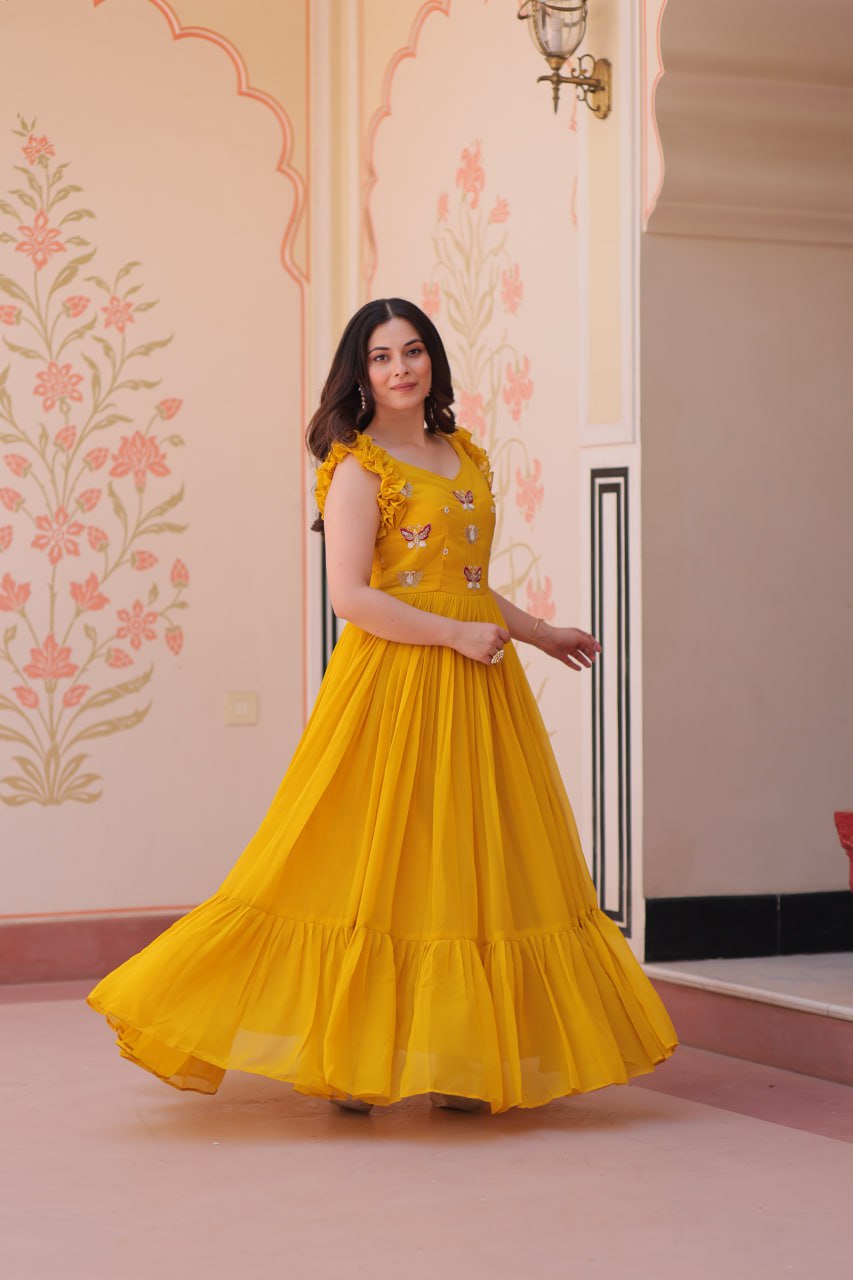 Designer Faux Georgette Frill Gown With Heavy Flair