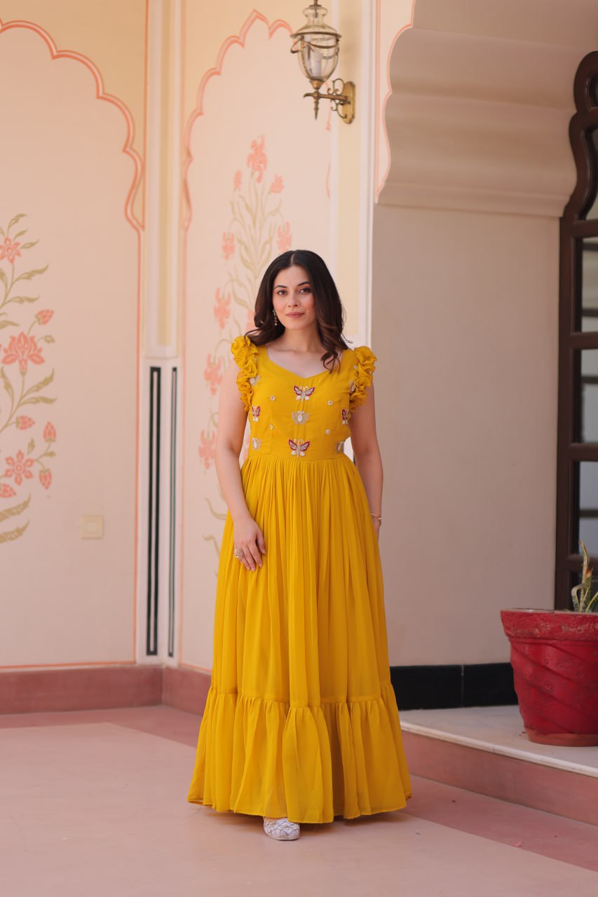 Designer Faux Georgette Frill Gown With Heavy Flair