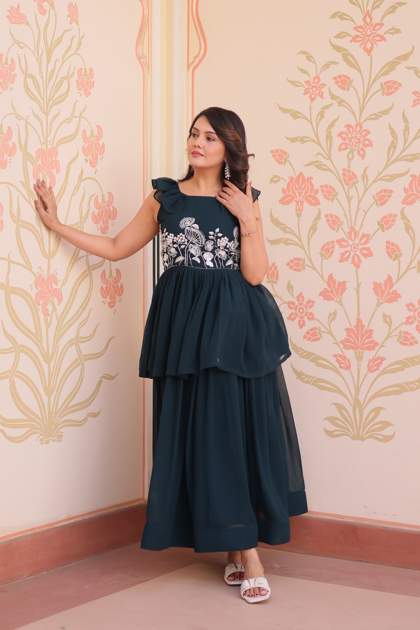 Sleeveless Faux Blooming Beads Embroidered Gown – Party & Festive Wear