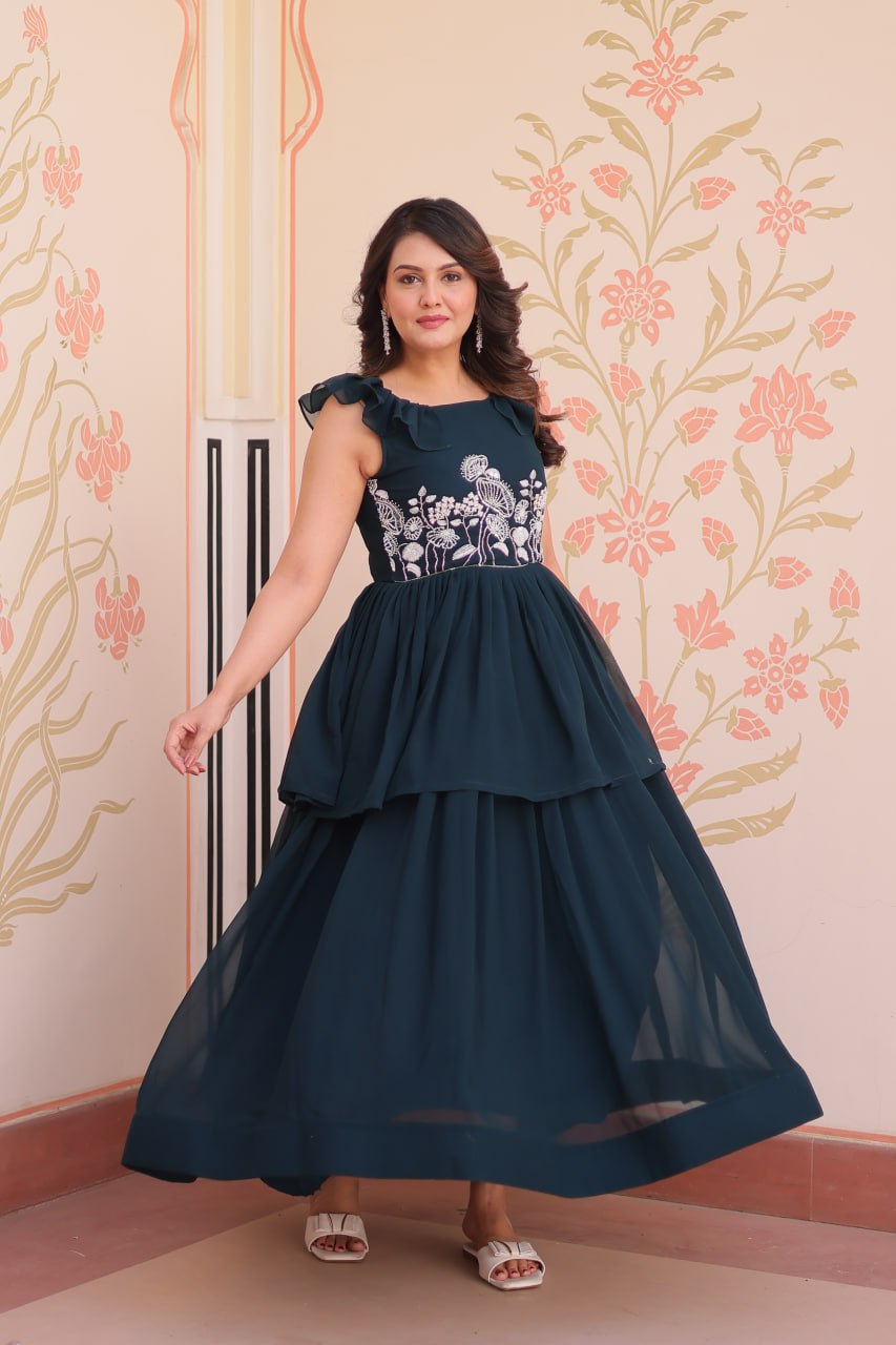 Sleeveless Faux Blooming Beads Embroidered Gown – Party & Festive Wear