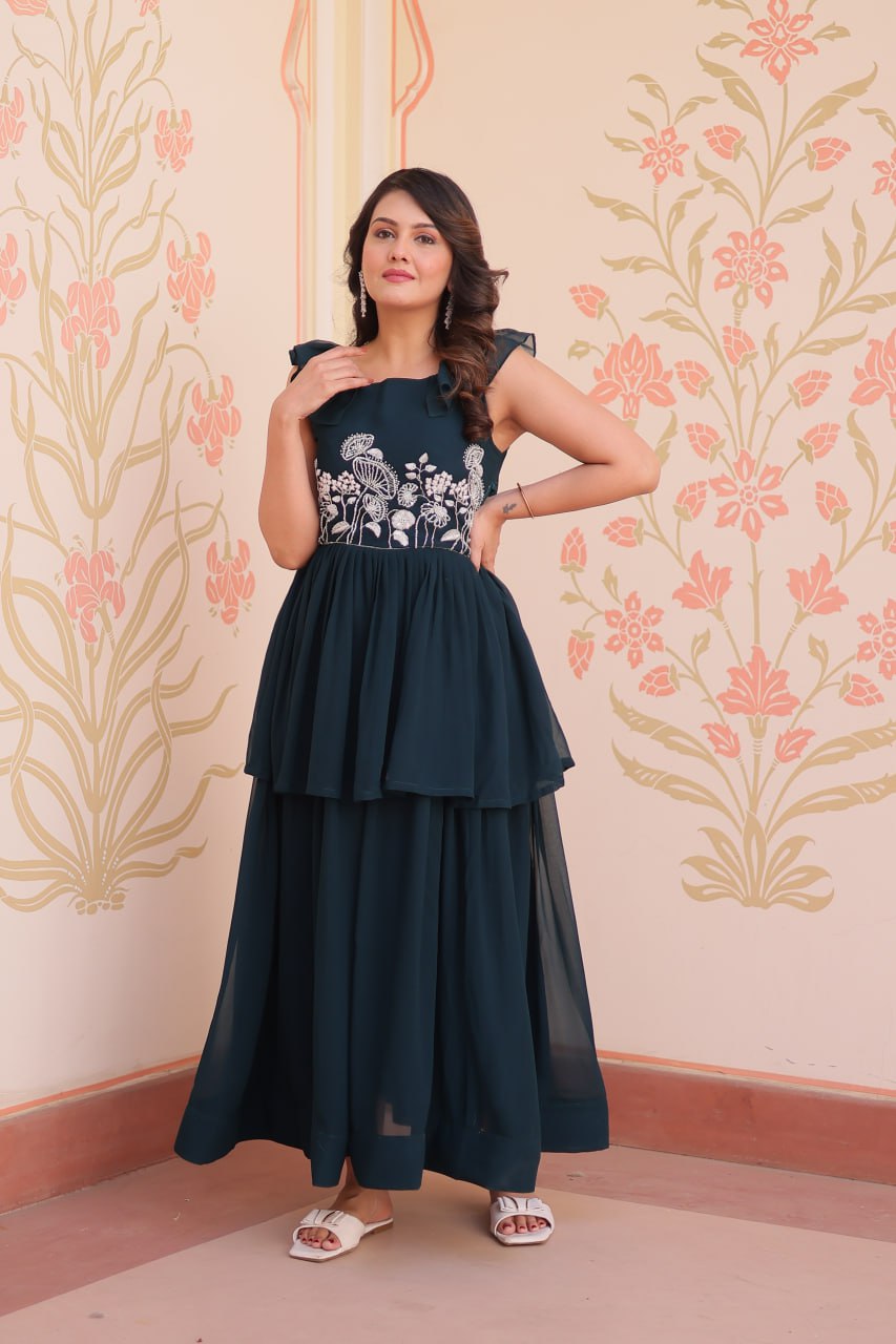Sleeveless Faux Blooming Beads Embroidered Gown – Party & Festive Wear