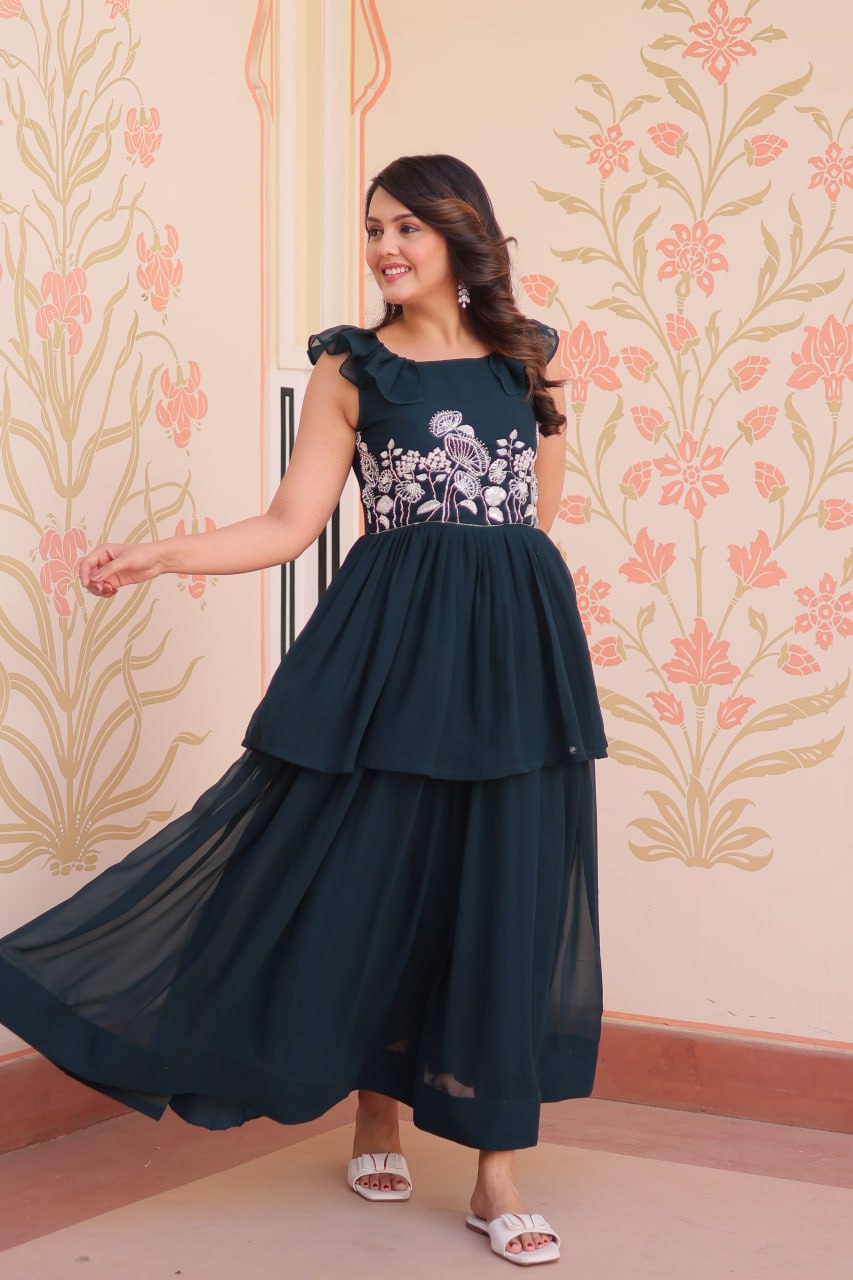 Sleeveless Faux Blooming Beads Embroidered Gown – Party & Festive Wear