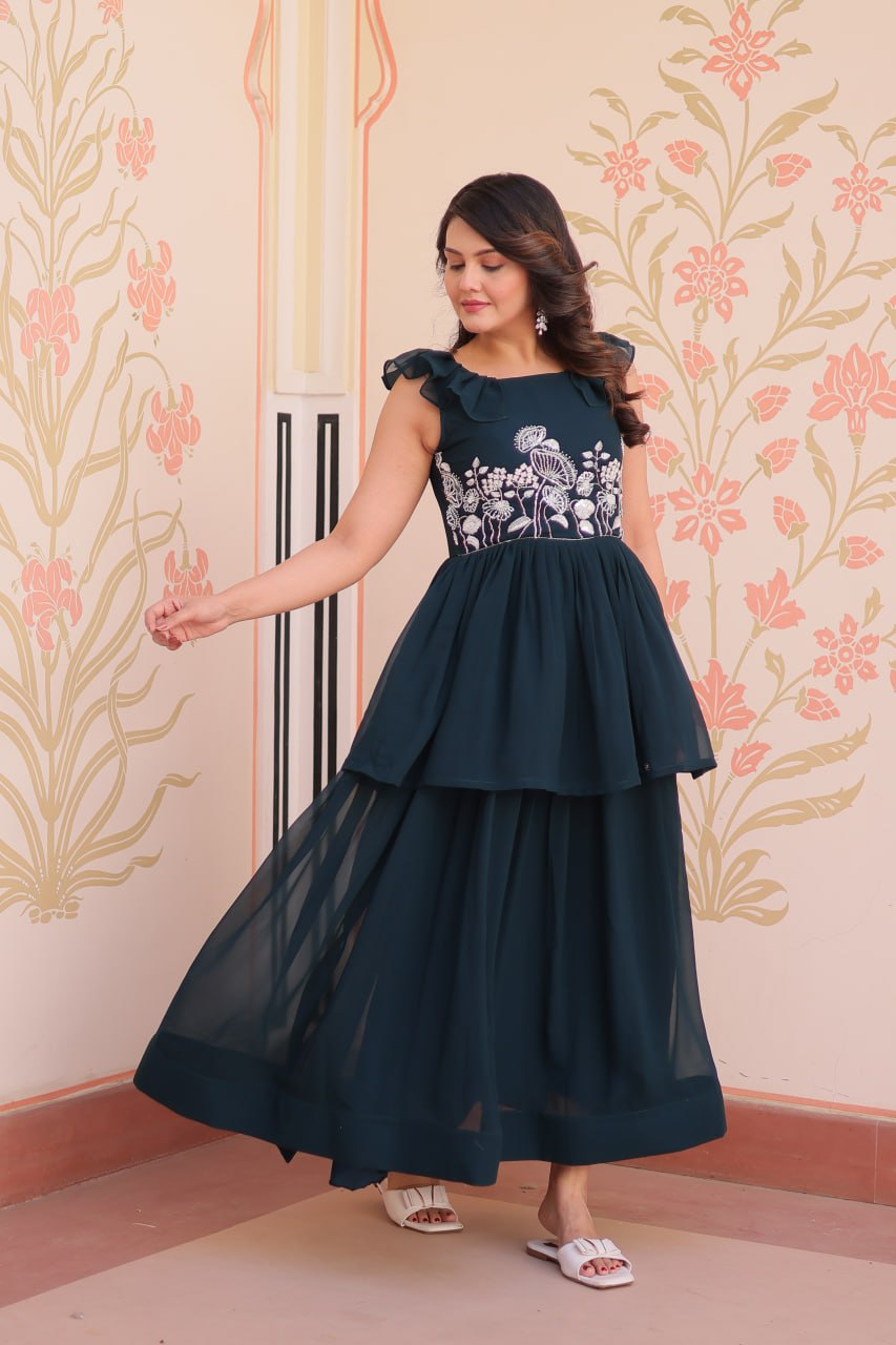 Sleeveless Faux Blooming Beads Embroidered Gown – Party & Festive Wear