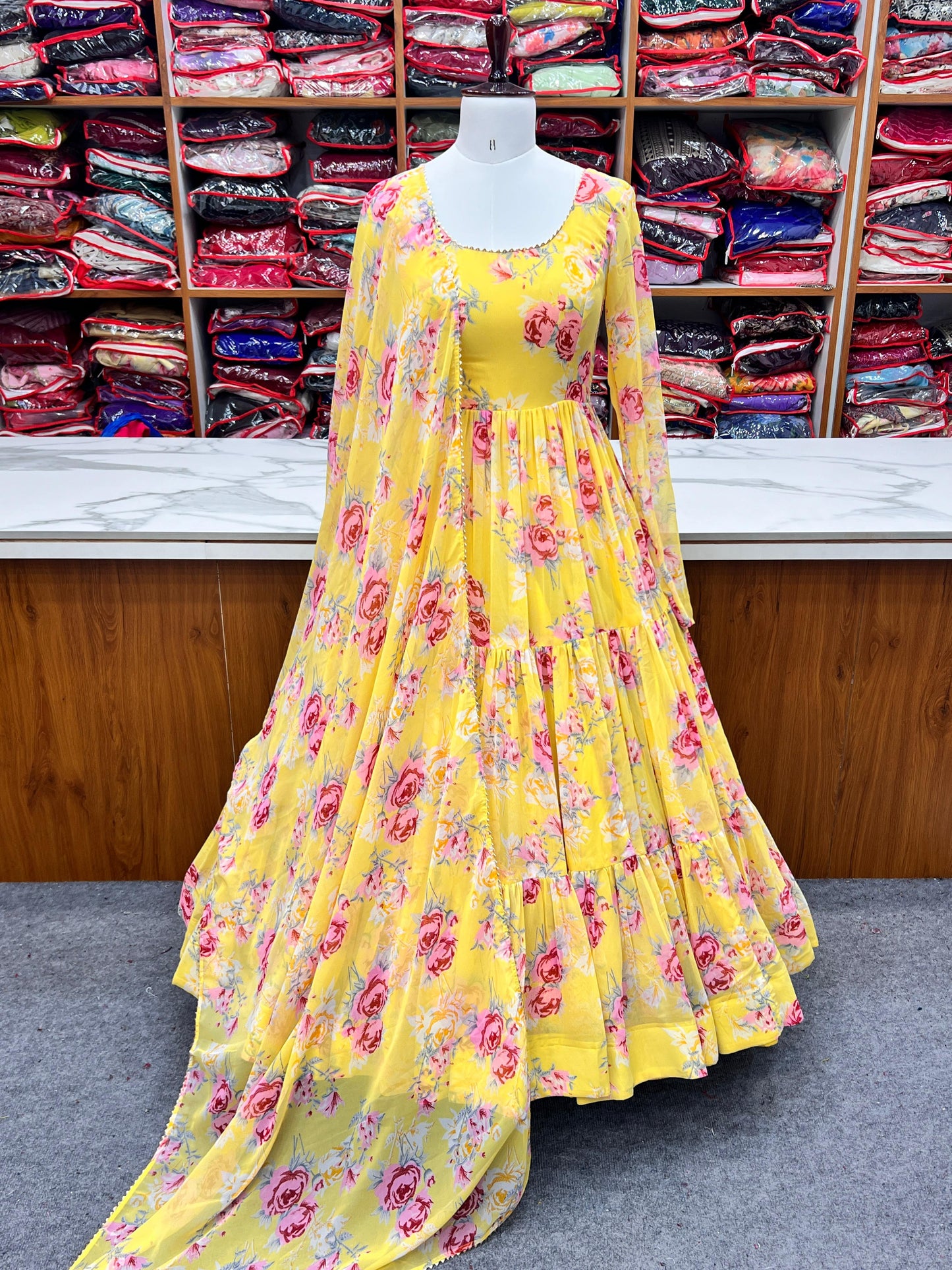 Graceful Yellow Floral Printed Fully Stitched Anarkali Pant Suit - Ethnicwish