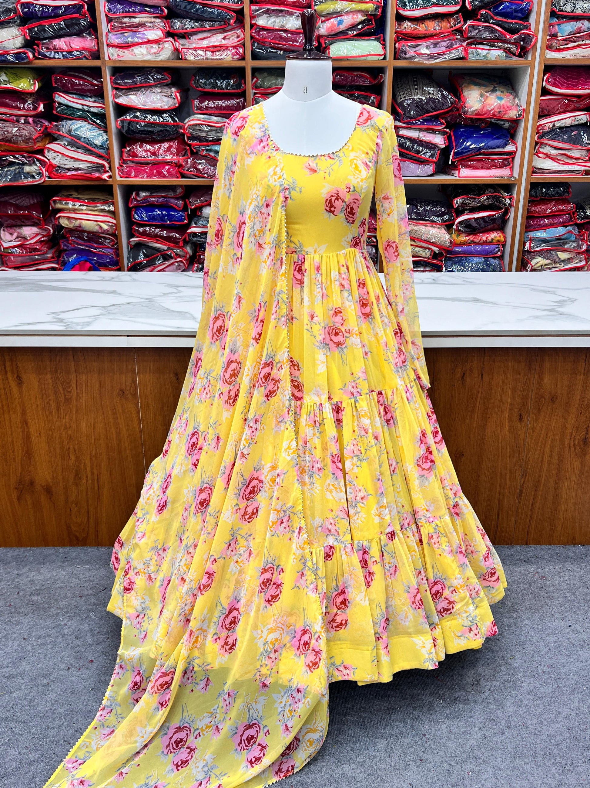 Graceful Yellow Floral Printed Fully Stitched Anarkali Pant Suit - Ethnicwish