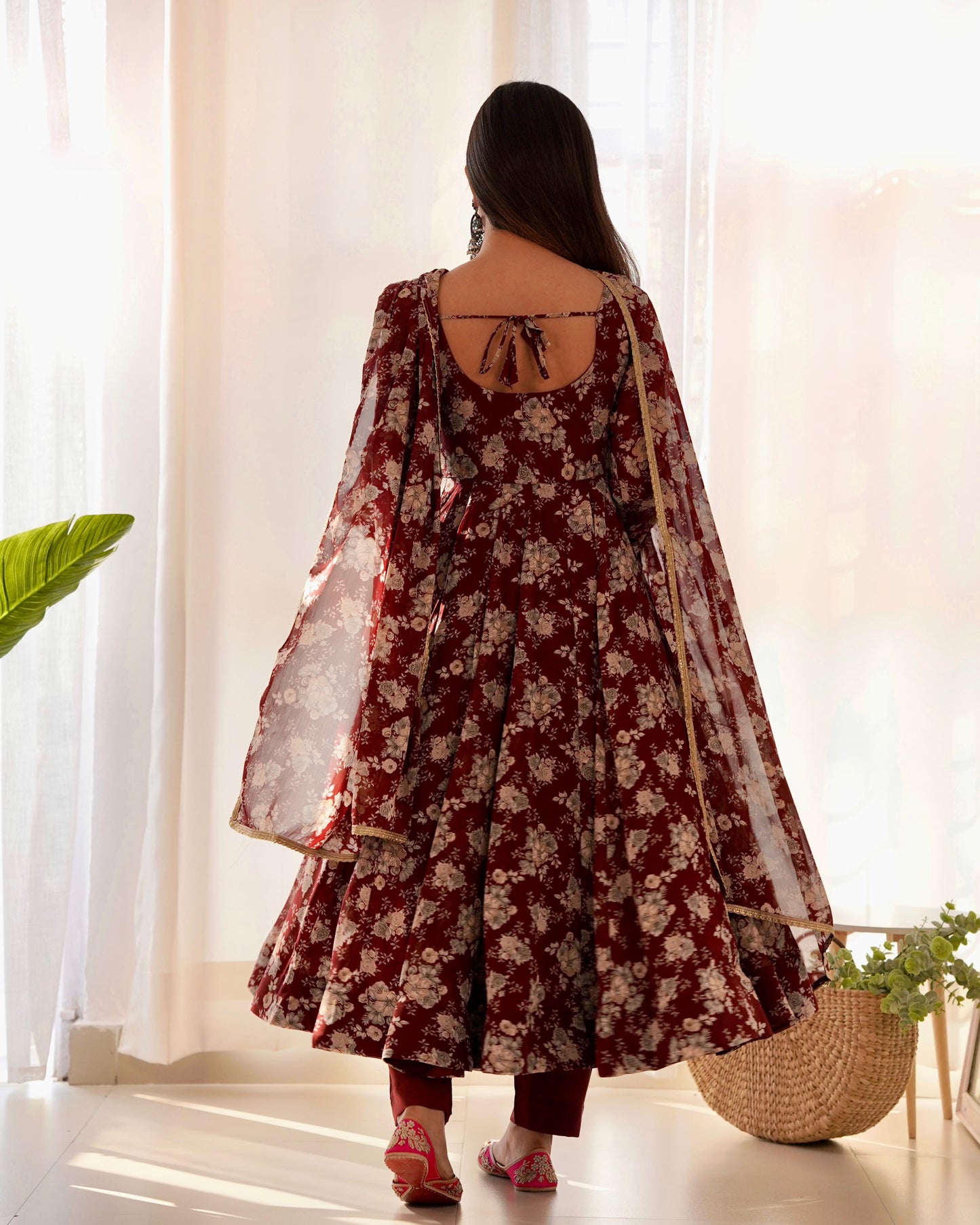 Exquisite Dark Maroon Floral Printed Fully Stitched Designer Anarkali Pant Suit - Ethnicwish
