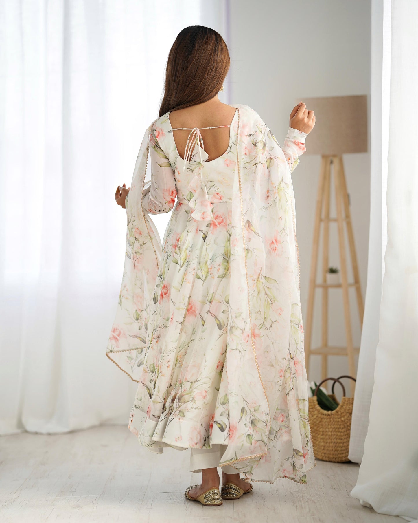 Fabulous White Pure Organza Silk Floral Printed Anarkali Pant Suit - Ethnicwish