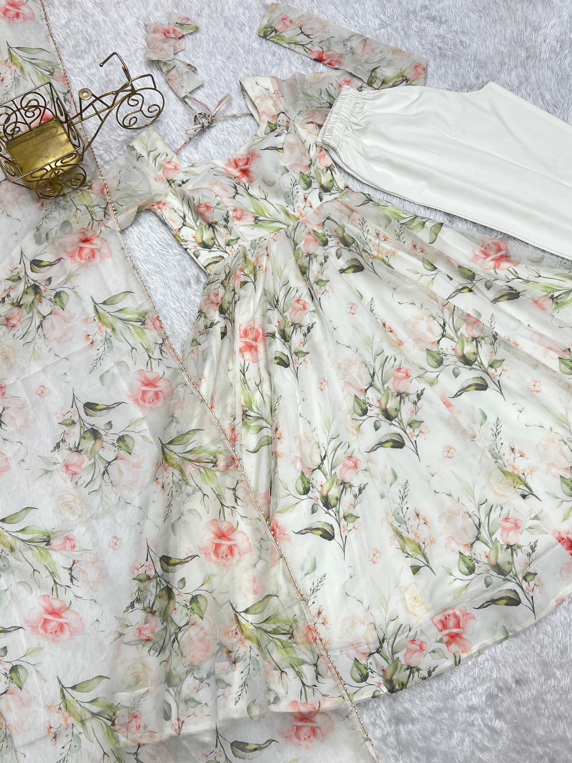 Fabulous White Pure Organza Silk Floral Printed Anarkali Pant Suit - Ethnicwish