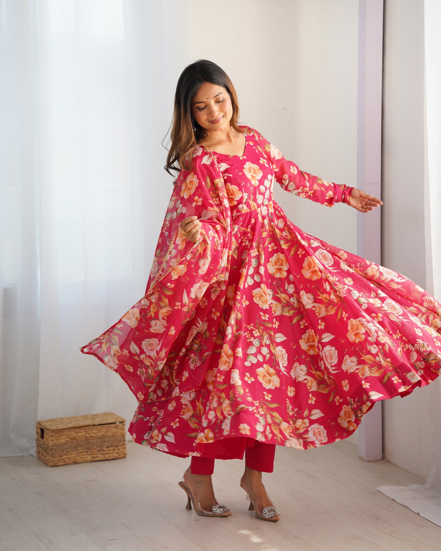 Fabulous Pink Pure Organza Silk Floral Printed Anarkali Pant Suit