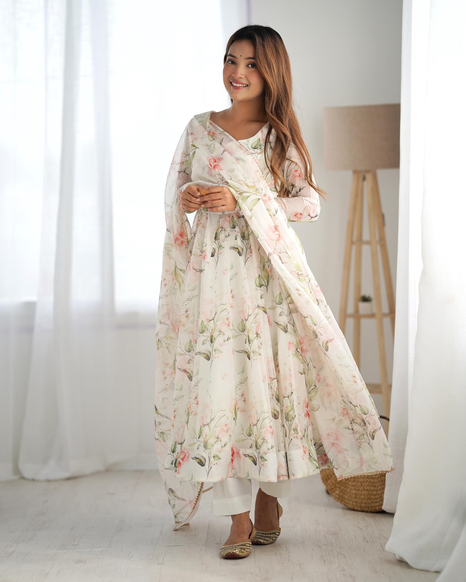Fabulous White Pure Organza Silk Floral Printed Anarkali Pant Suit - Ethnicwish