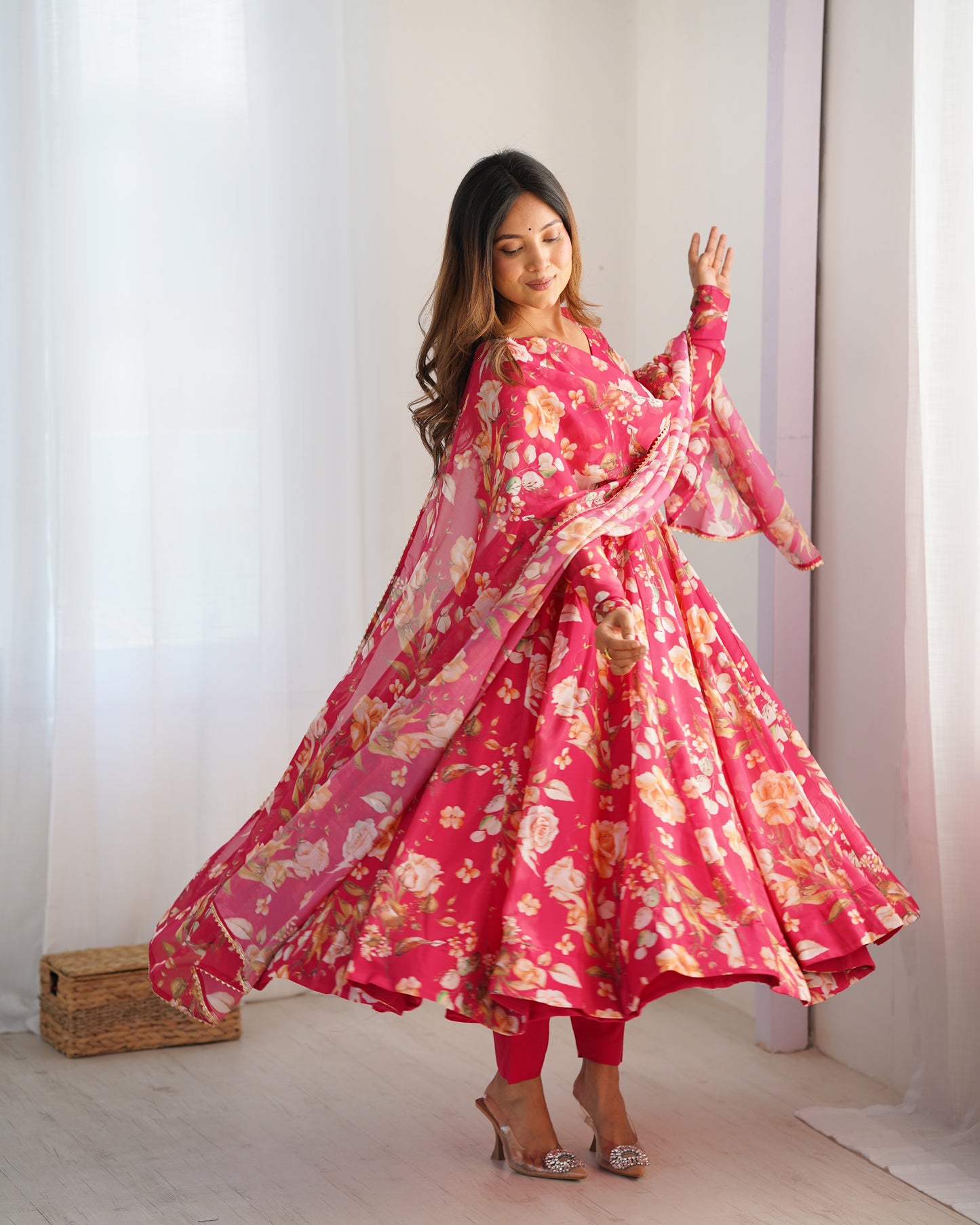 Fabulous Pink Pure Organza Silk Floral Printed Anarkali Pant Suit