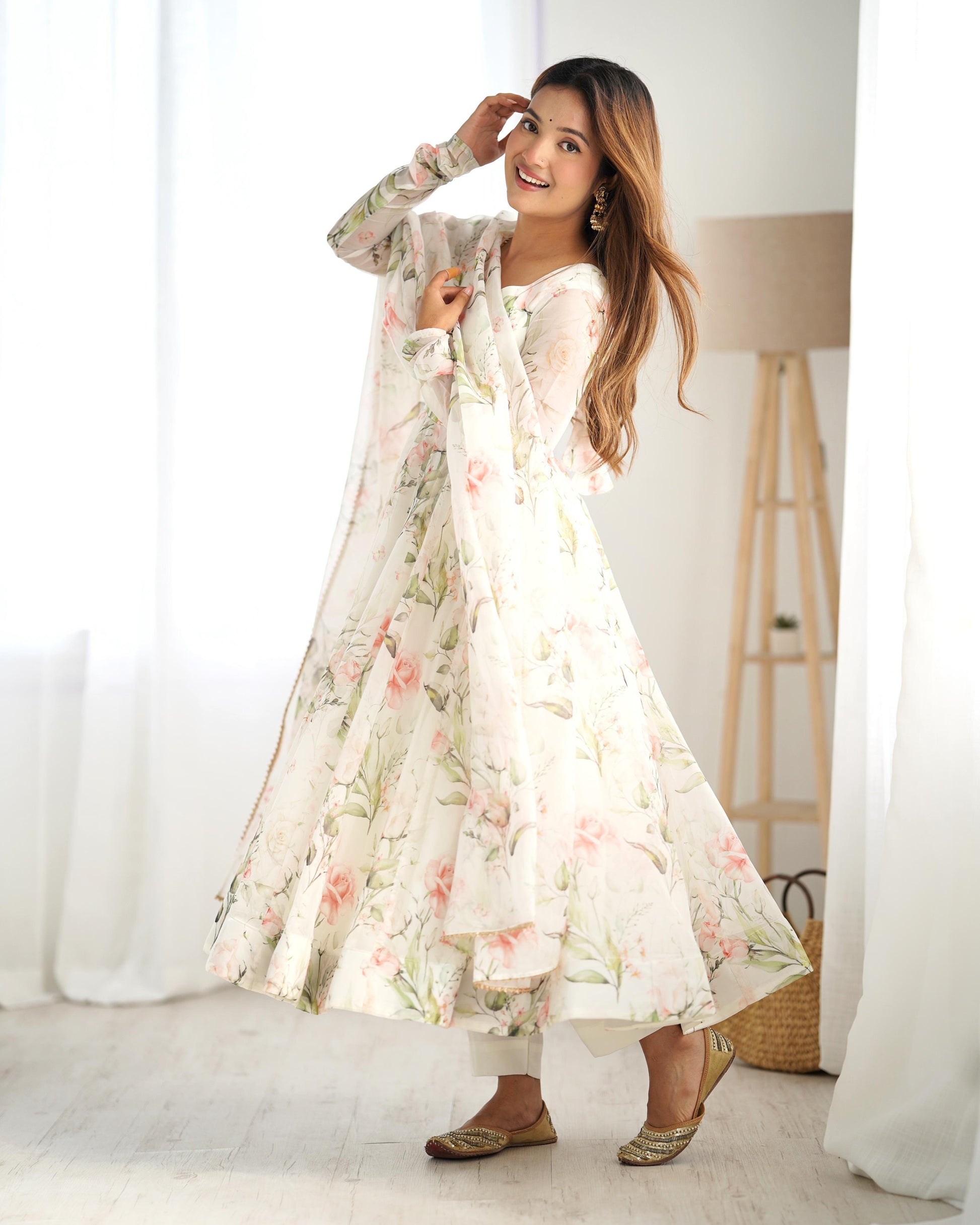 Fabulous White Pure Organza Silk Floral Printed Anarkali Pant Suit - Ethnicwish