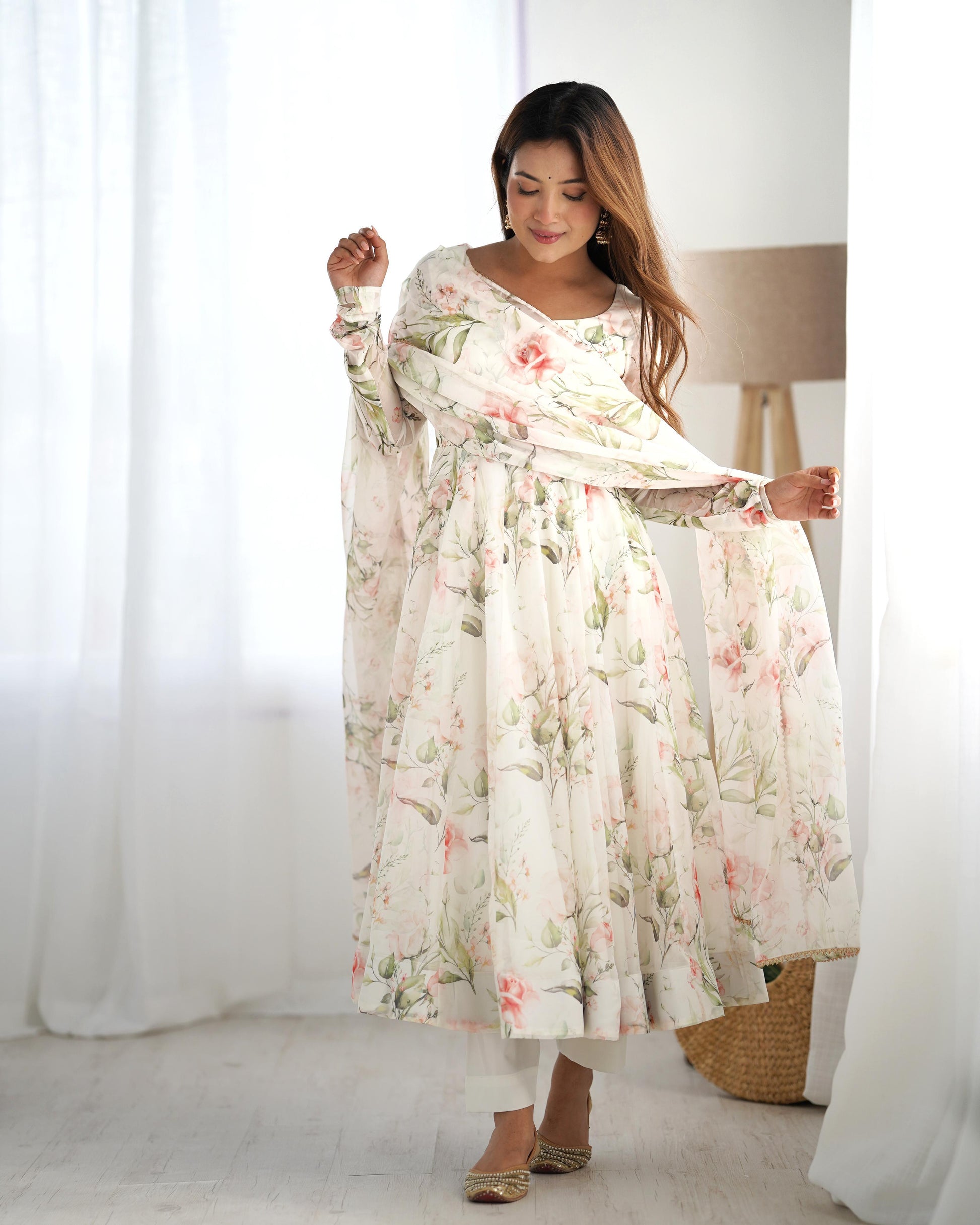Fabulous White Pure Organza Silk Floral Printed Anarkali Pant Suit - Ethnicwish