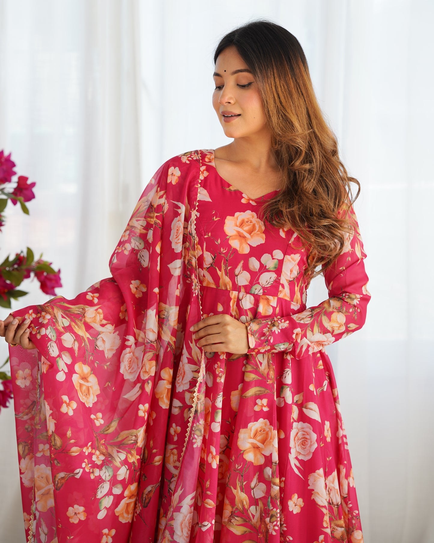 Fabulous Pink Pure Organza Silk Floral Printed Anarkali Pant Suit