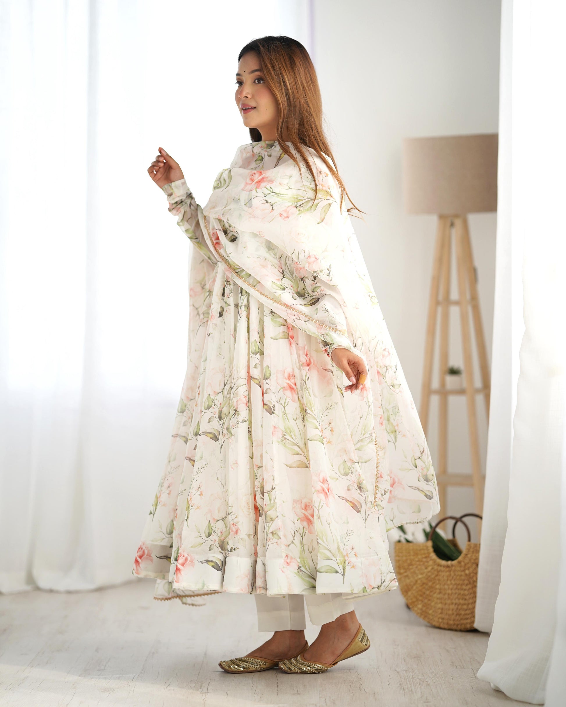 Fabulous White Pure Organza Silk Floral Printed Anarkali Pant Suit - Ethnicwish