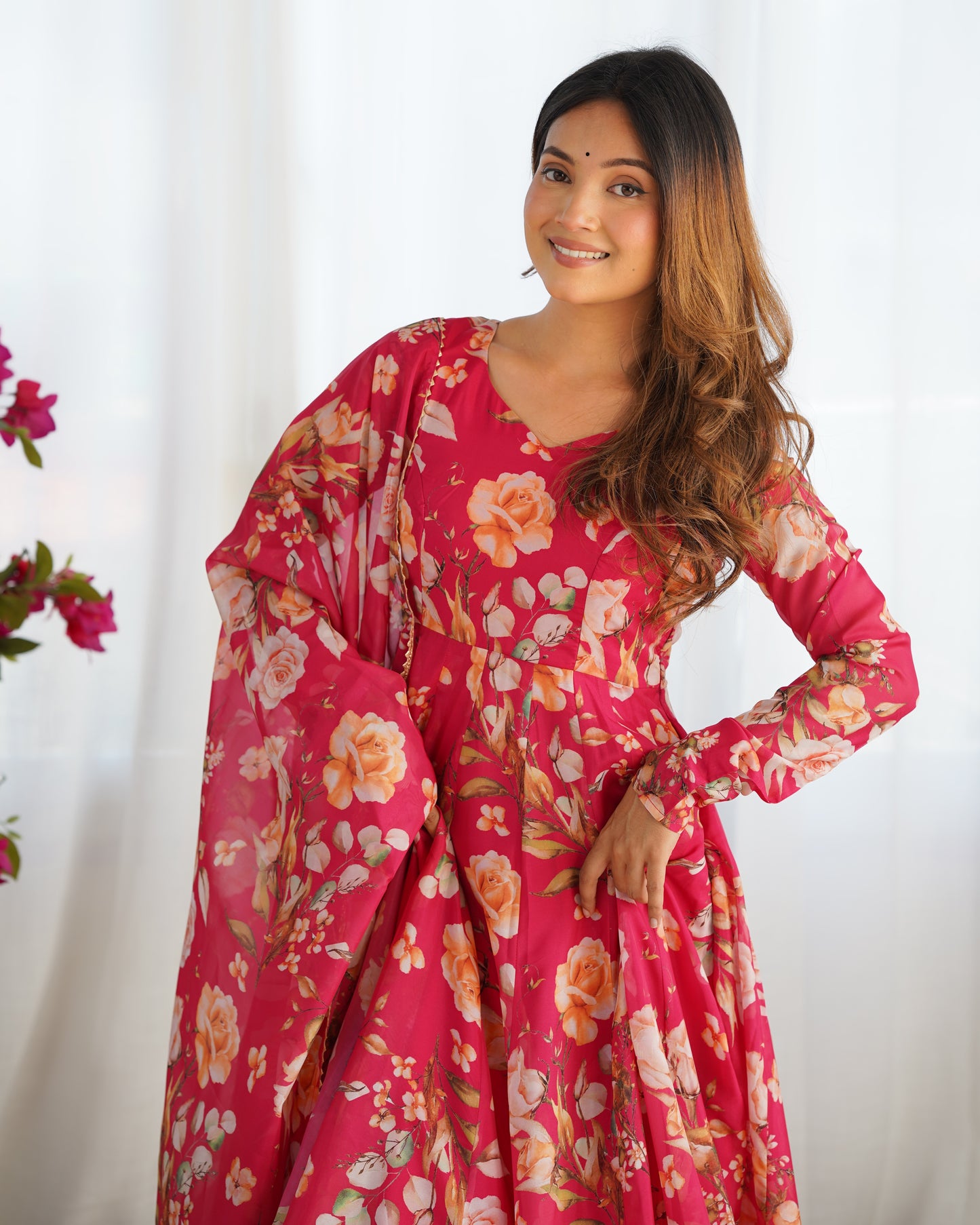 Fabulous Pink Pure Organza Silk Floral Printed Anarkali Pant Suit