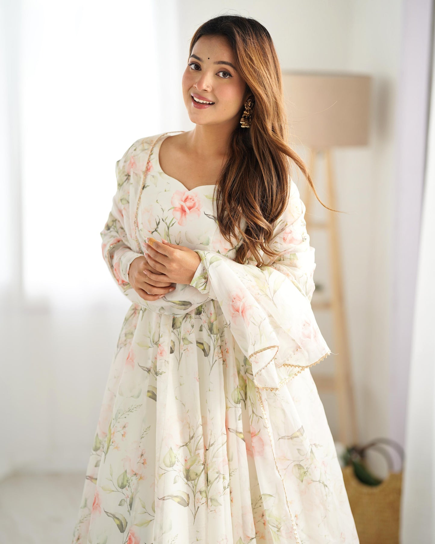 Fabulous White Pure Organza Silk Floral Printed Anarkali Pant Suit - Ethnicwish