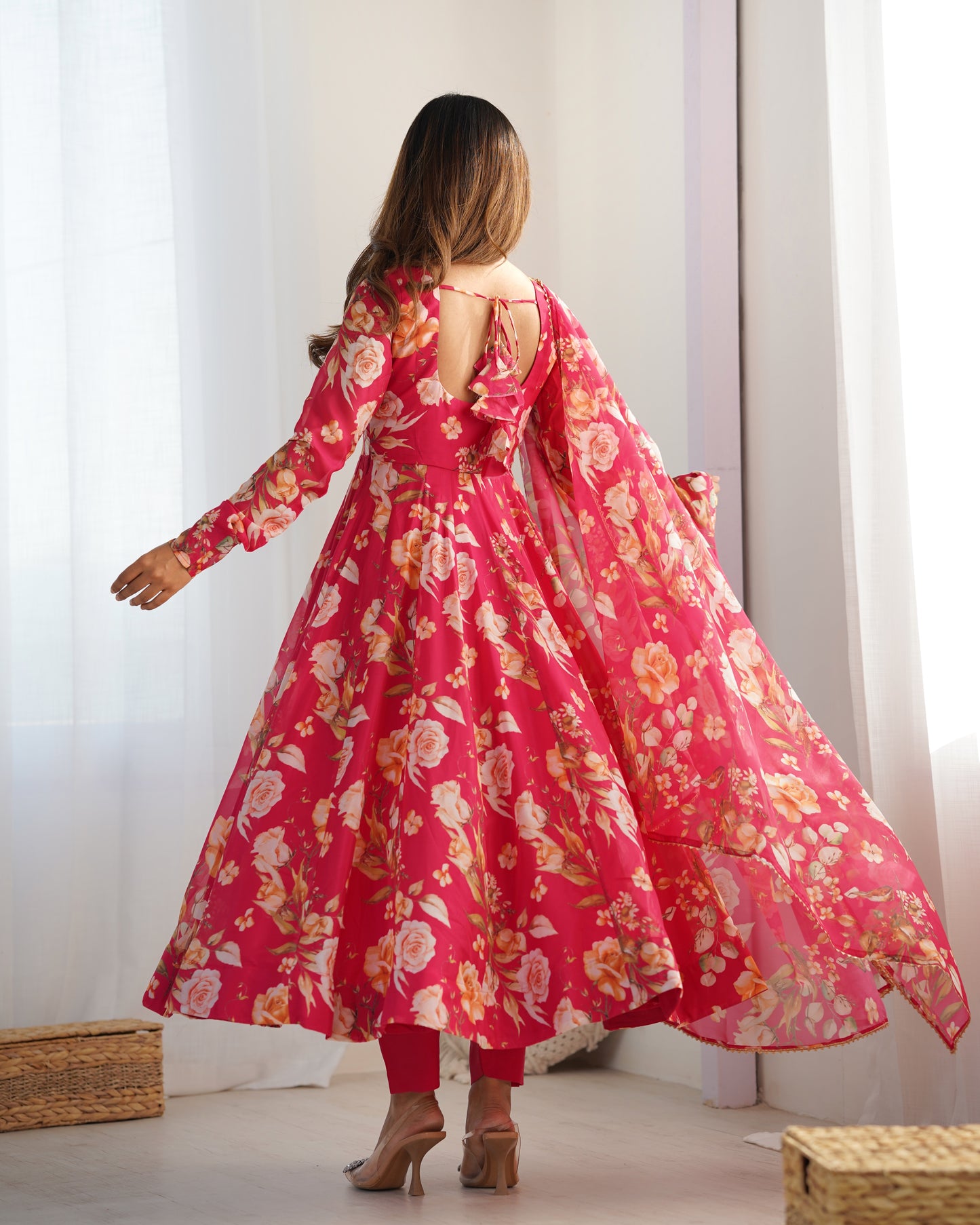 Fabulous Pink Pure Organza Silk Floral Printed Anarkali Pant Suit