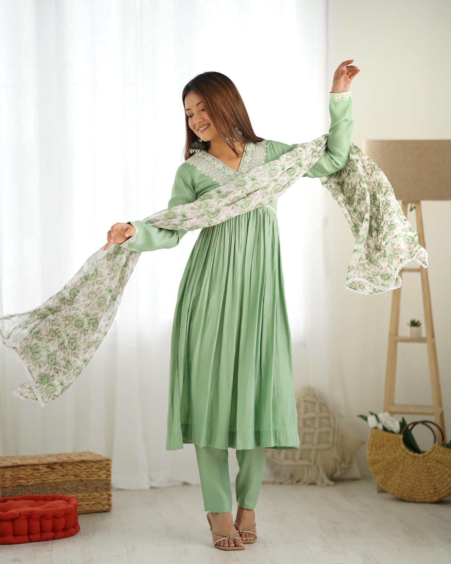 Elegant Pista Green Nyra Cut Roman Silk Anarkali Pant Suit - Ethnicwish
