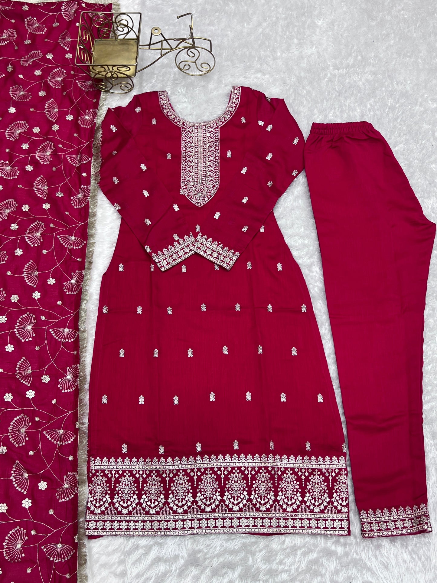 Lovely Pink Rangoli Silk Sequins Zari Embroidered Kurti Pant Suit - Ethnicwish