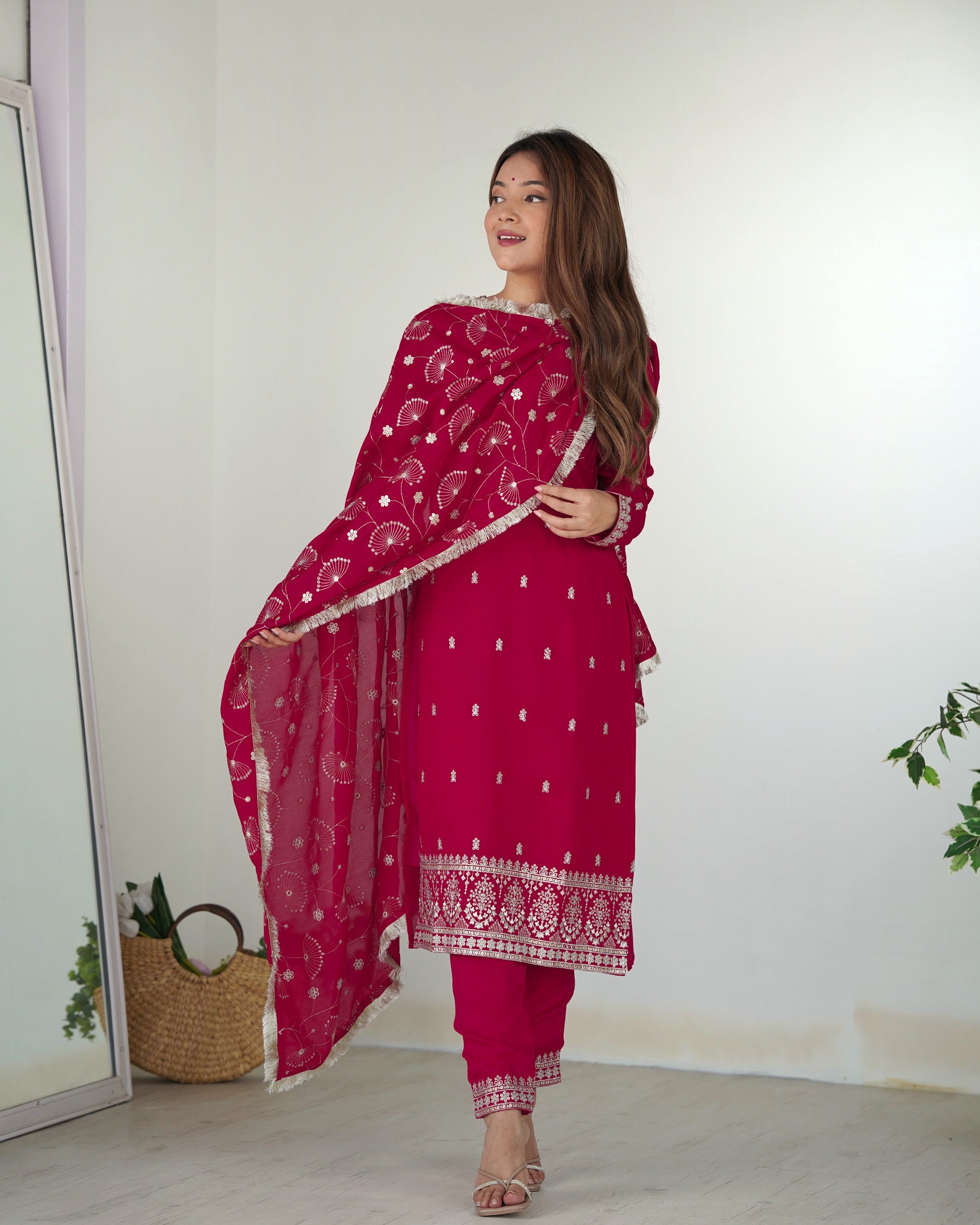Lovely Pink Rangoli Silk Sequins Zari Embroidered Kurti Pant Suit - Ethnicwish