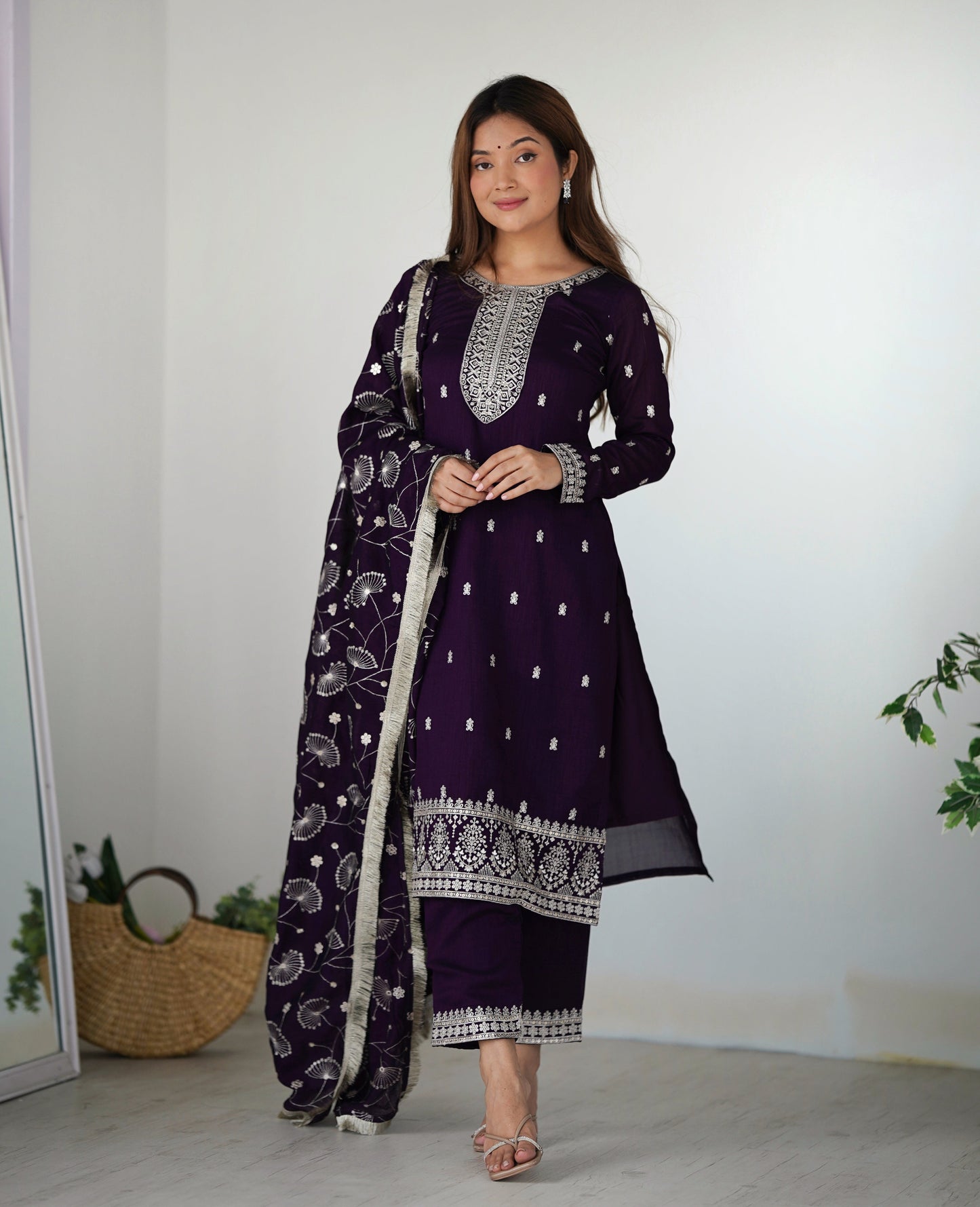 Purple Rangoli Silk Sequins Zari Embroidered Kurti Pant Suit