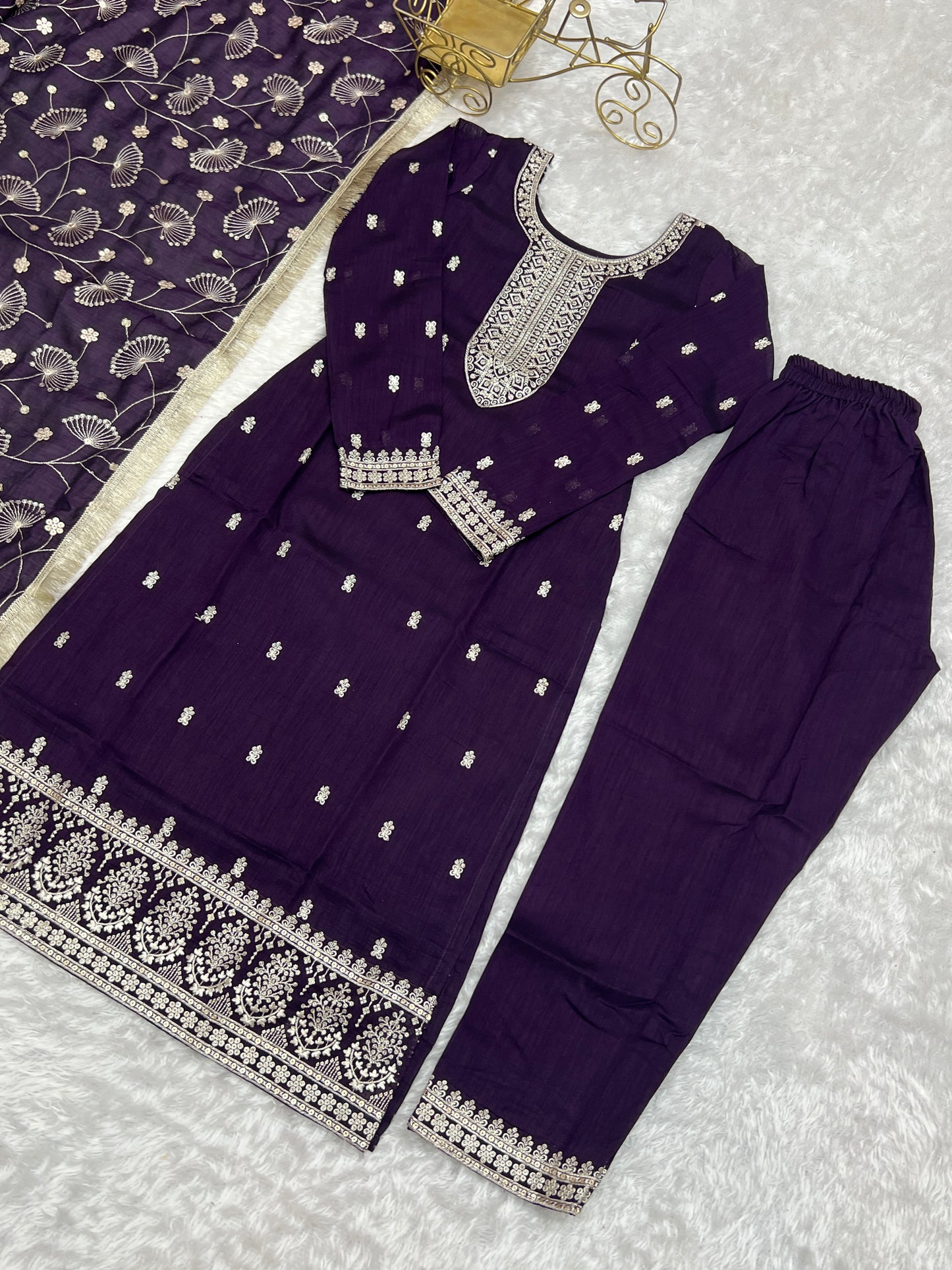 Purple Rangoli Silk Sequins Zari Embroidered Kurti Pant Suit