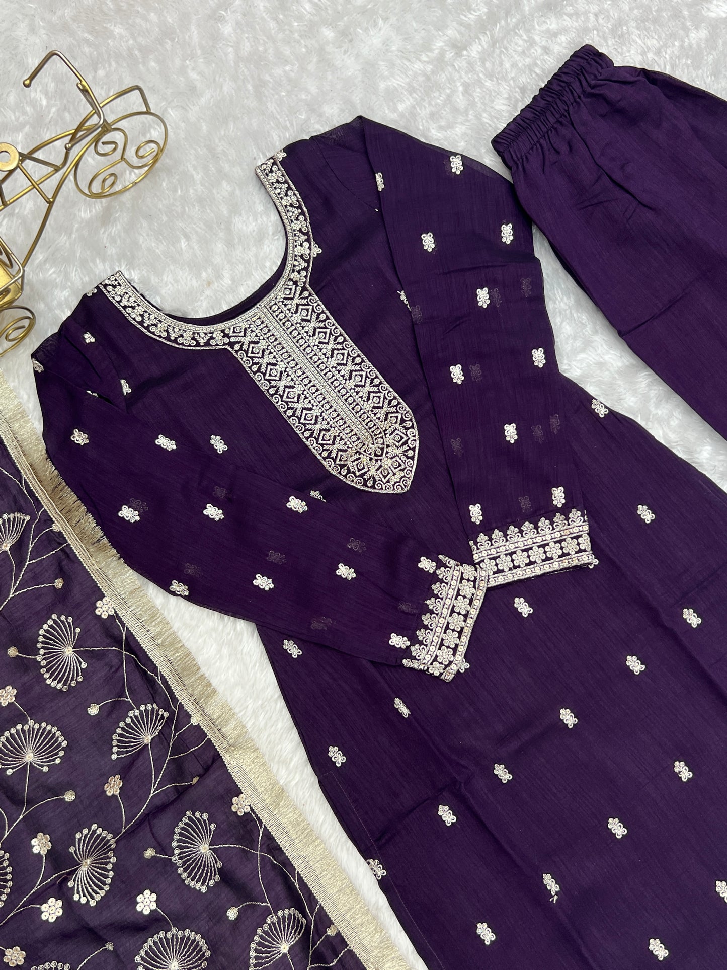 Purple Rangoli Silk Sequins Zari Embroidered Kurti Pant Suit