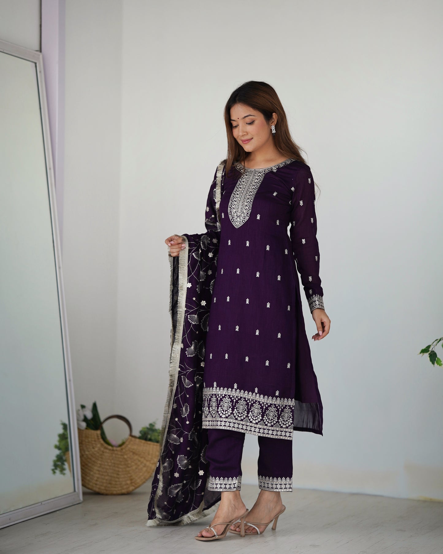 Purple Rangoli Silk Sequins Zari Embroidered Kurti Pant Suit