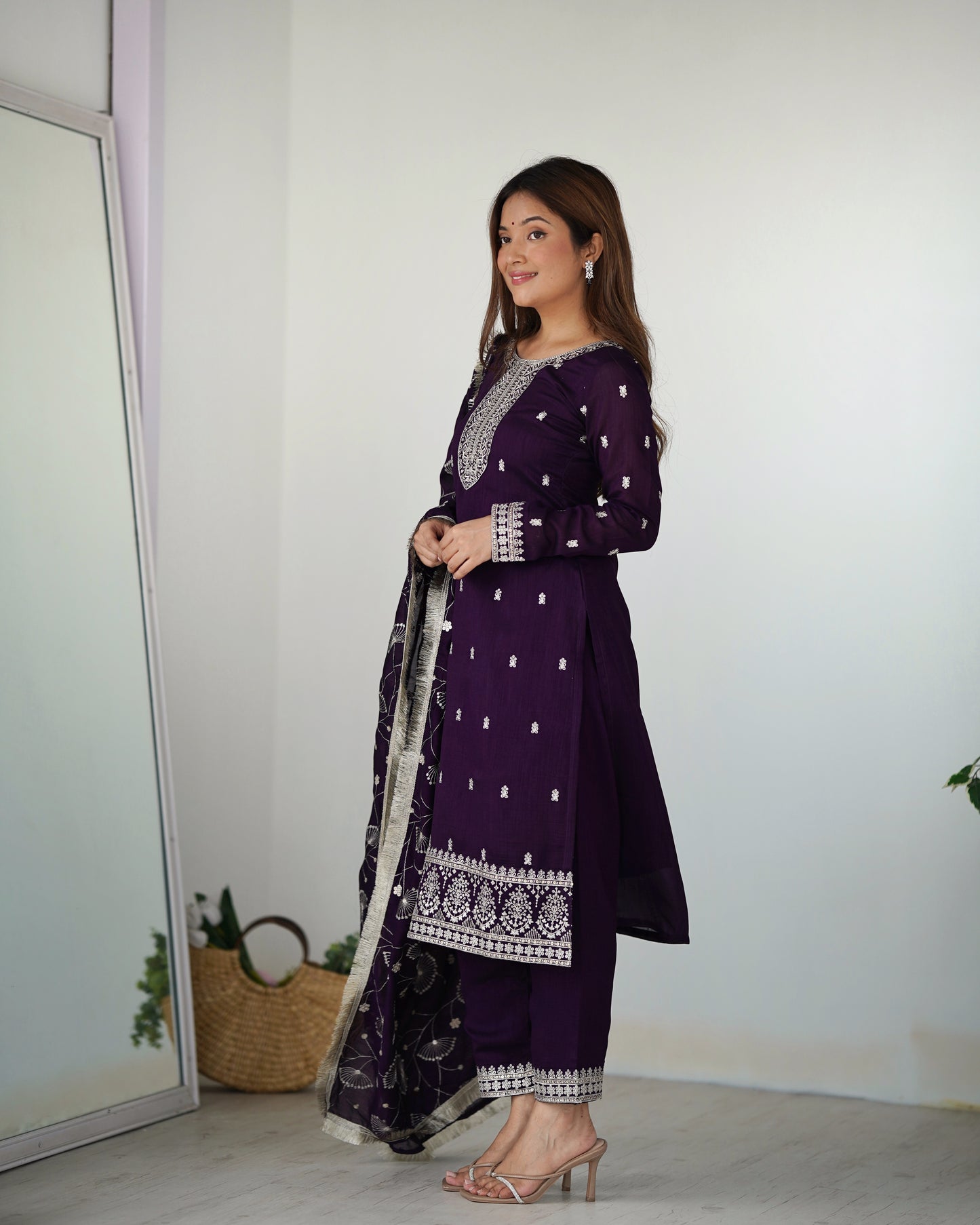 Purple Rangoli Silk Sequins Zari Embroidered Kurti Pant Suit