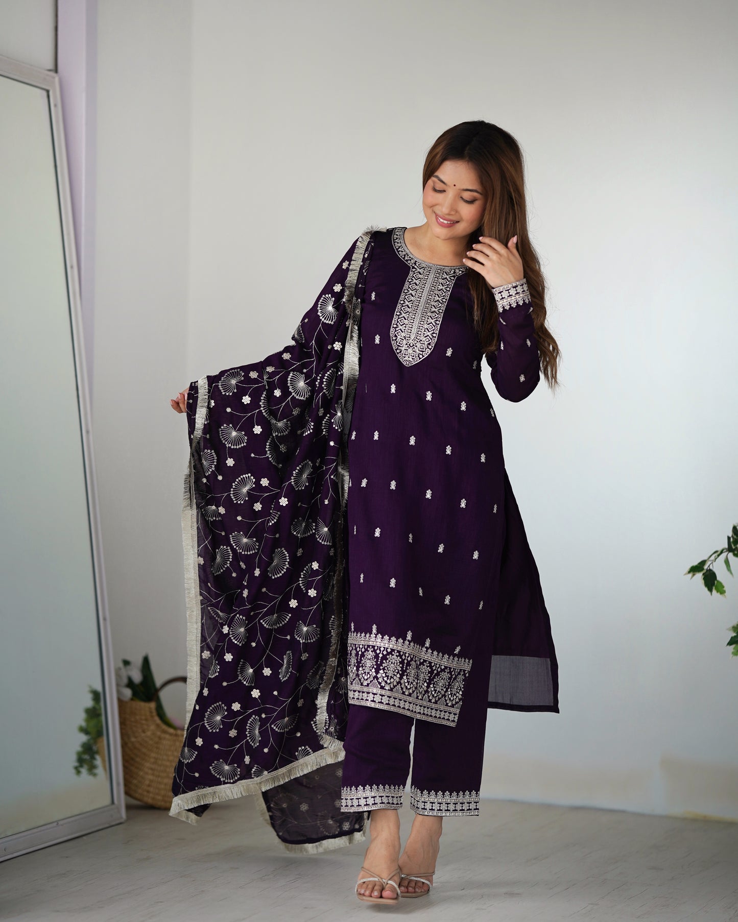 Purple Rangoli Silk Sequins Zari Embroidered Kurti Pant Suit