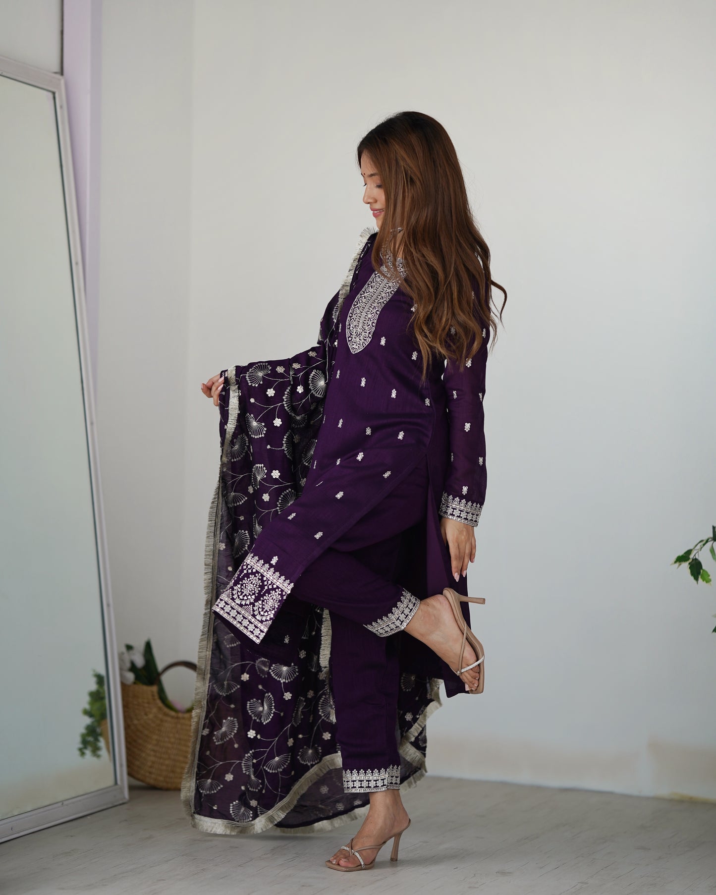 Purple Rangoli Silk Sequins Zari Embroidered Kurti Pant Suit